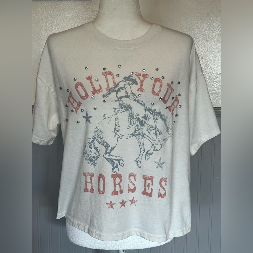 Youth in Revolt Women’s Rhinestone Hold Your Horses Short Sleeve Graphic Tee/ L